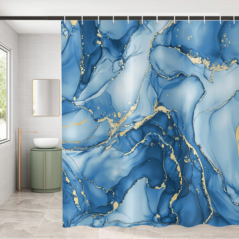ASDCXZ Blue Marble Shower Curtain 180x180 cm, Modern Abstract Art Blue Gold Marble Optics Texture Waterproof Bath Curtain Polyester Textile Washable