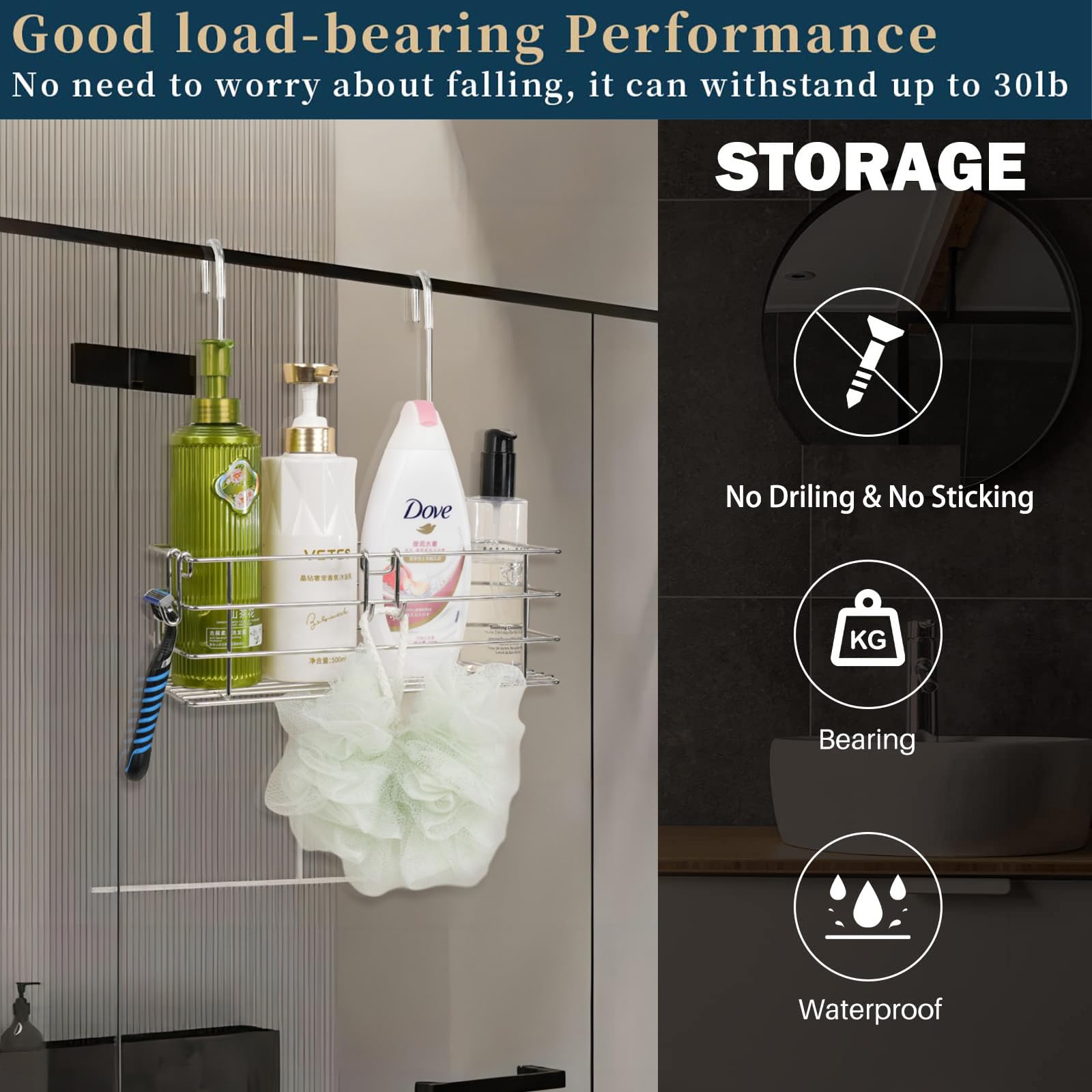 Seltomer Hanging Shower Rack Bathroom Shower Caddy Organizer Shampoo Brakect ，Rotatable Hook Bar ，Rust Proof (Single-Layer)