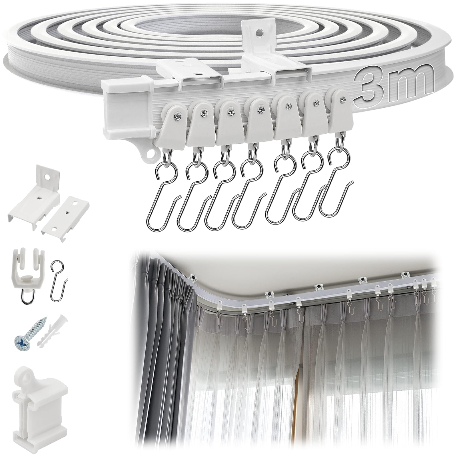 SWTYExt Ceiling Curtain Track 3m/9.8Ft Bay Window Curtain Track Flexible Rail Bendable Ceiling Rail Bay Window Rail for Shower Corner Caravan