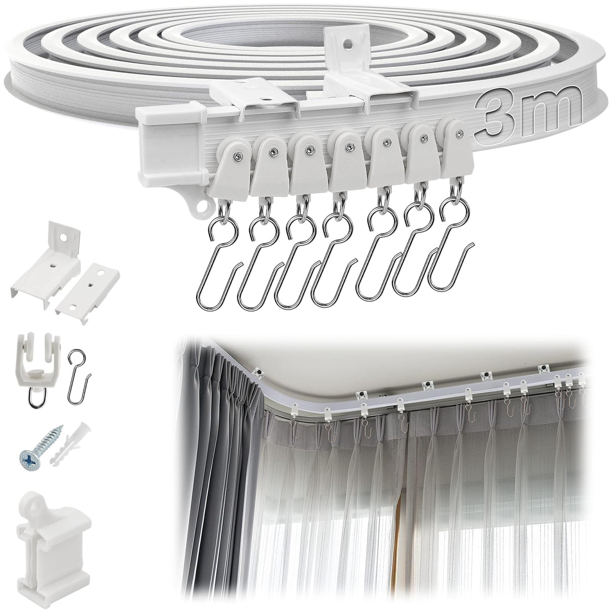 SWTYExt Ceiling Curtain Track 3m/9.8Ft Bay Window Curtain Track Flexible Rail Bendable Ceiling Rail Bay Window Rail for Shower Corner Caravan