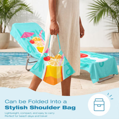 Surwin Sun Lounger Towel with Pockets, 3D Juice Print Quick Dry Beach Towel, Microfiber Sunbed Towels Travel Lounger Bag for Loungers Summer Holiday