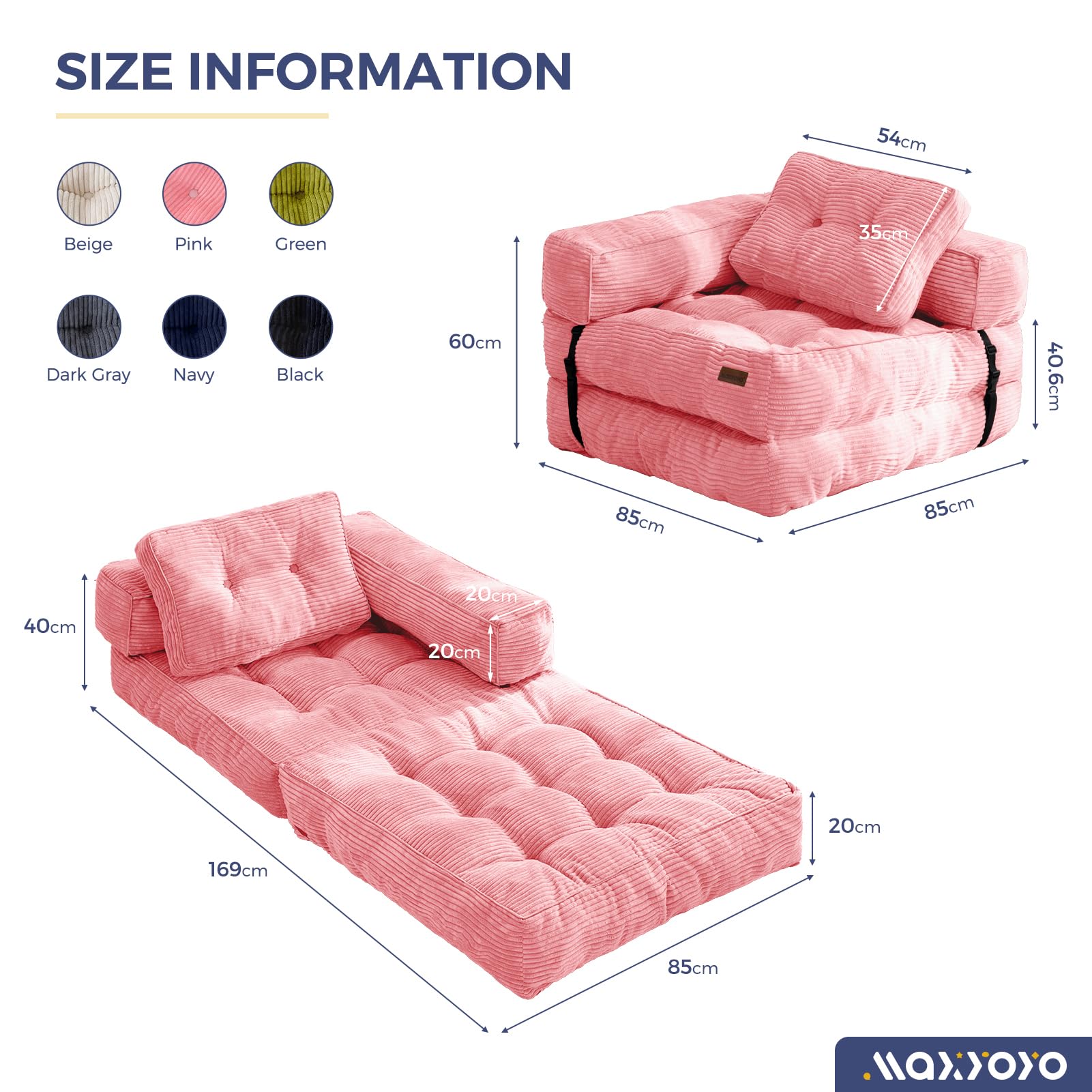 MAXYOYO Foldable Sofa Bed,Bean Bag Couch Convertible Sleeper Chair with Armrest L-Shaped Floor Lounge Sofa with Pillow Portable Lounge Seat for
