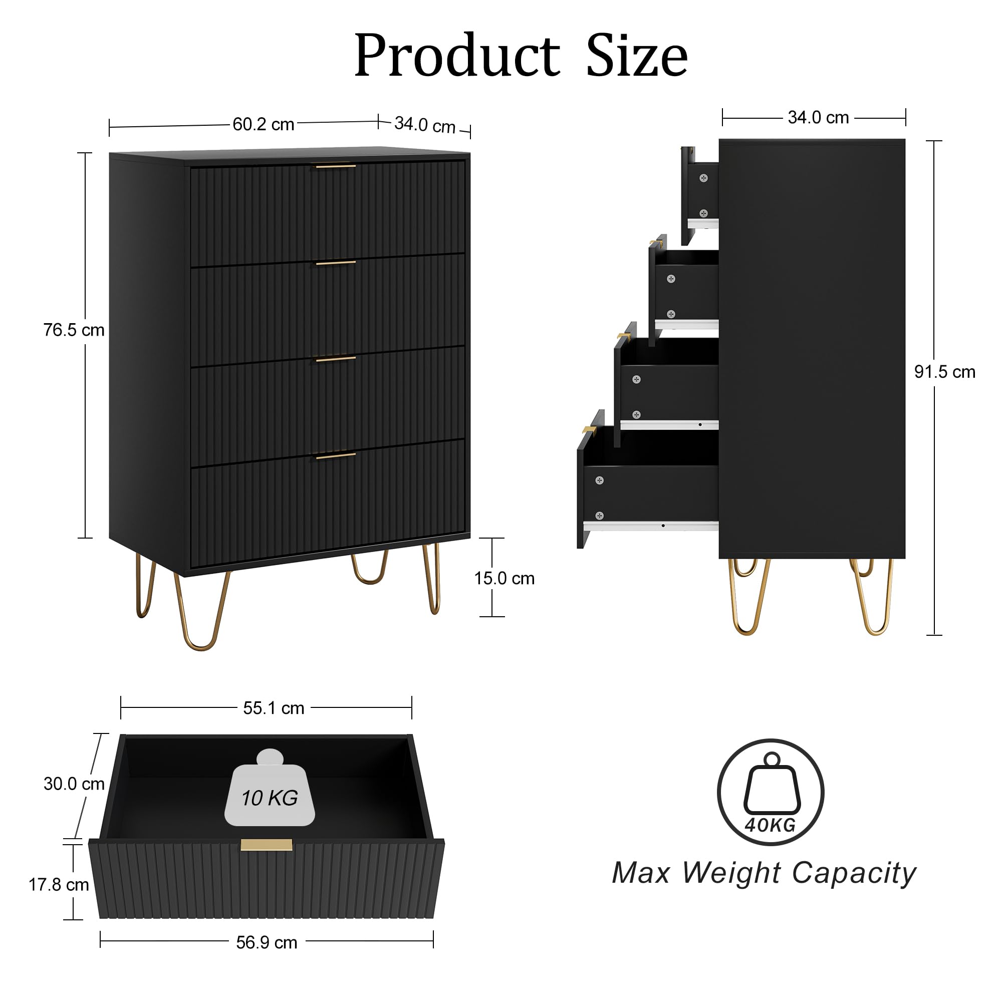 HEYZOEY Chest of 4 Drawers for Bedroom, 60x34x91cm, Wood Storage Dresser Bedroom Furniture Cabinet for Living Room,Office,Lounge,Black