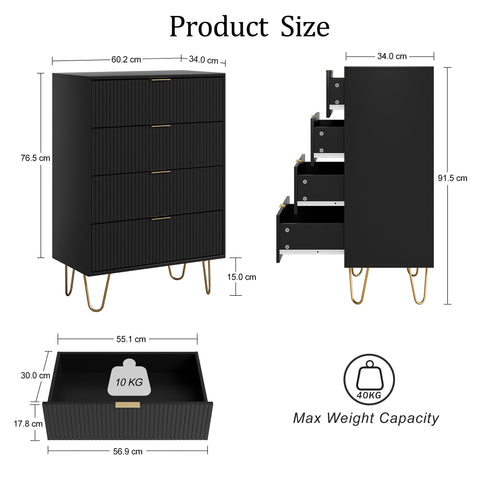 HEYZOEY Chest of 4 Drawers for Bedroom, 60x34x91cm, Wood Storage Dresser Bedroom Furniture Cabinet for Living Room,Office,Lounge,Black