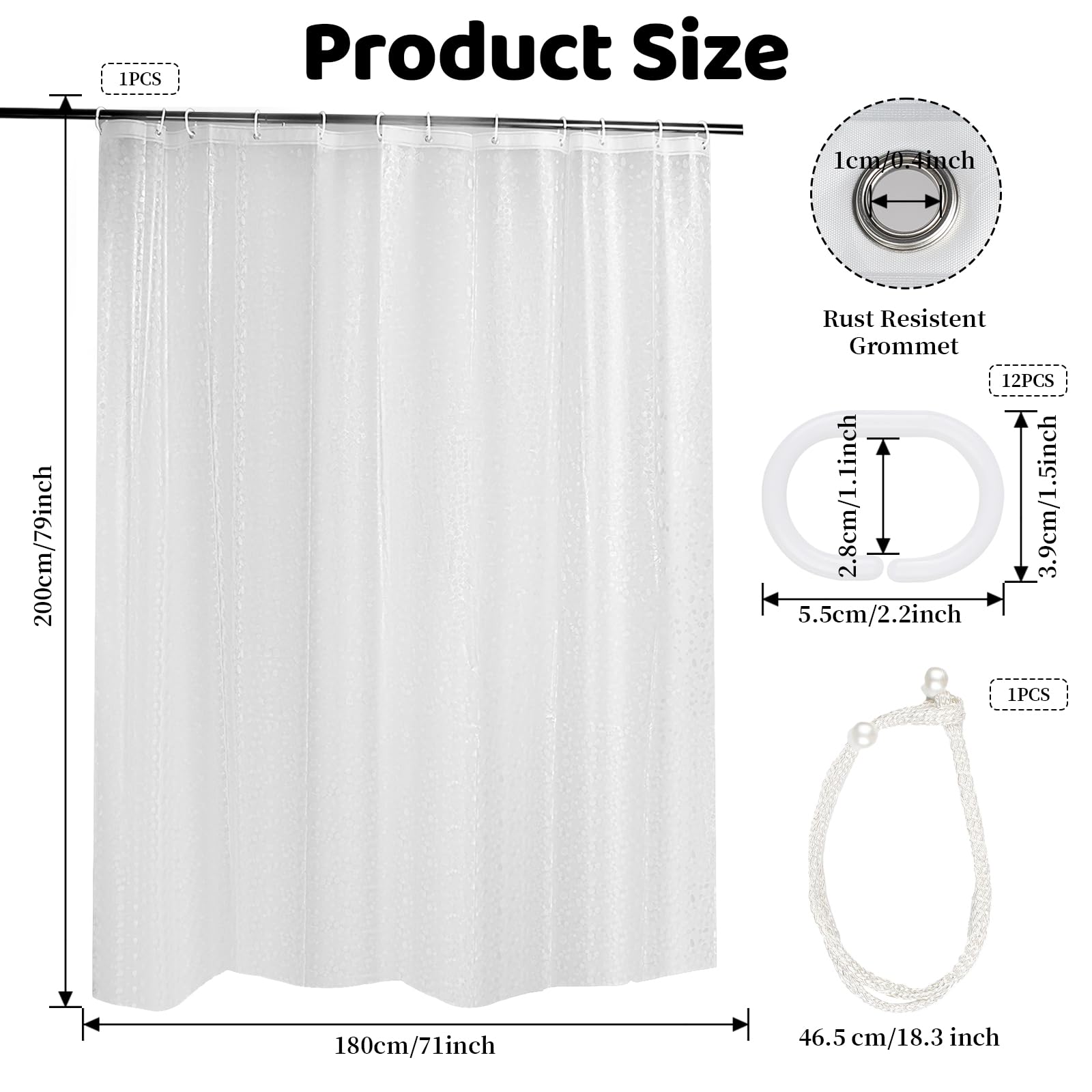 JRJRN Semi Transparent Shower Curtain 180 X 200 Cm, Peva Mould Proof Liner