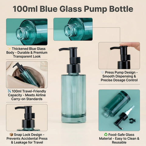 100ml/3.3oz Blue Glass Soap Dispenser, Refillable Liquid Hand Soap Dispenser for Kitchen Bathroom Countertop