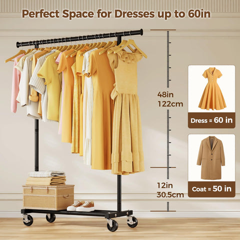 HYSEYY Heavy Duty Clothes Rail, Rolling Clothes Rack, Clothing Rail with Lockable Wheels & Shelf, Sturdy Clothing Rack for Bedroom, Laundry Room