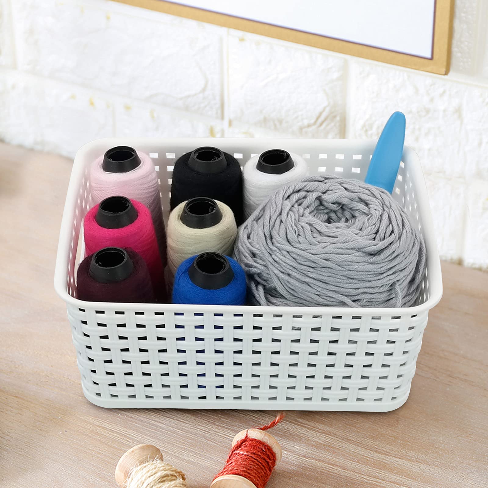 Vcansay Plastic Storage Basket, Woven Plastic Basket, White, 6 Packs