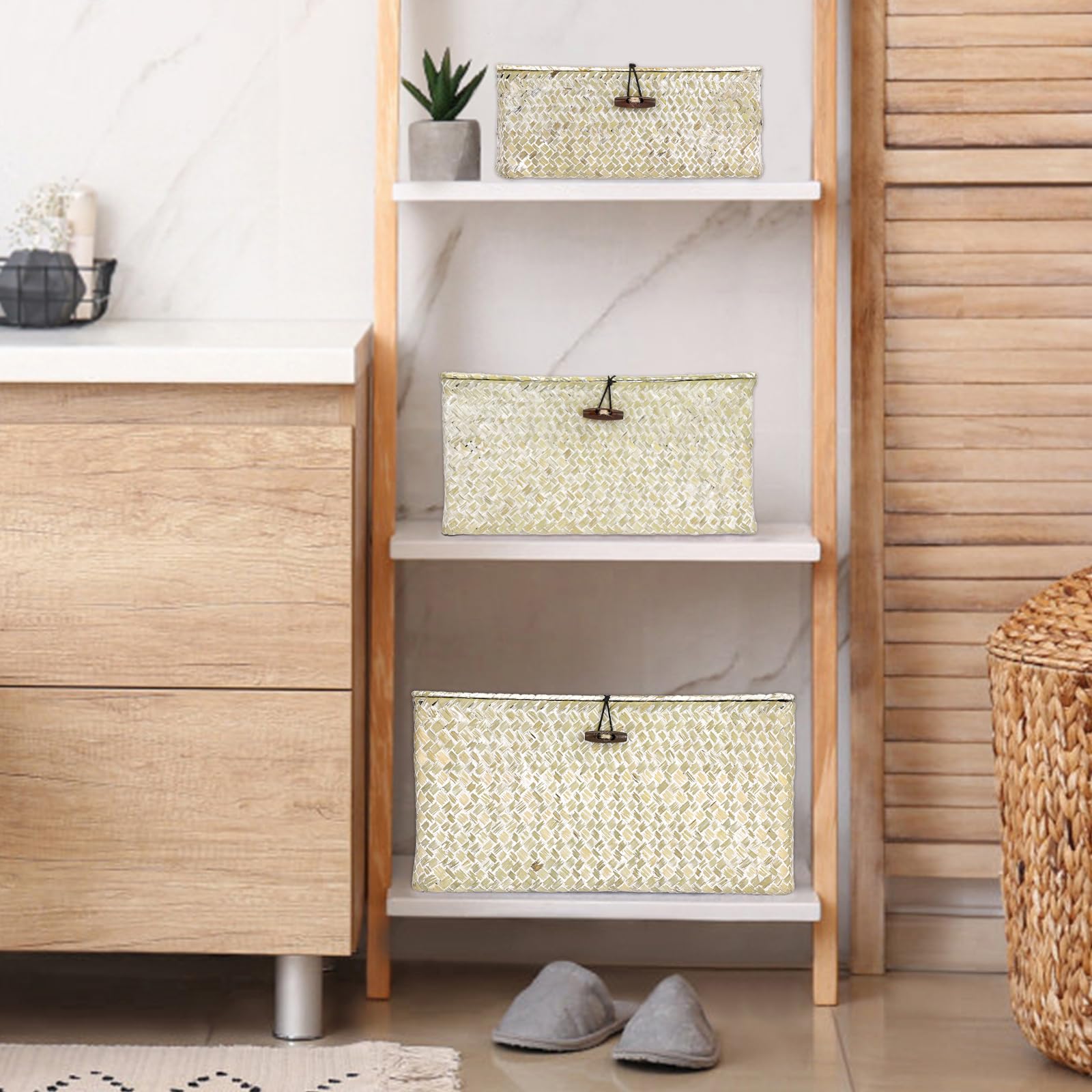 IGNPION Seagrass Storage Basket with Lid Woven Wicker Desktop Basket Rectangular Bathroom Storage Organiser Box