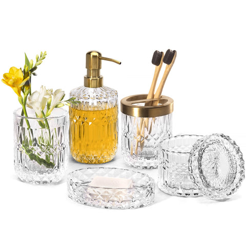 EMPO 6PCS Bathroom Clear Glass Accessories Set (Lotion Soap Dispenser, Soap Dish, Toothbrush Holder, Tumbler, Cotton Swab Jar)