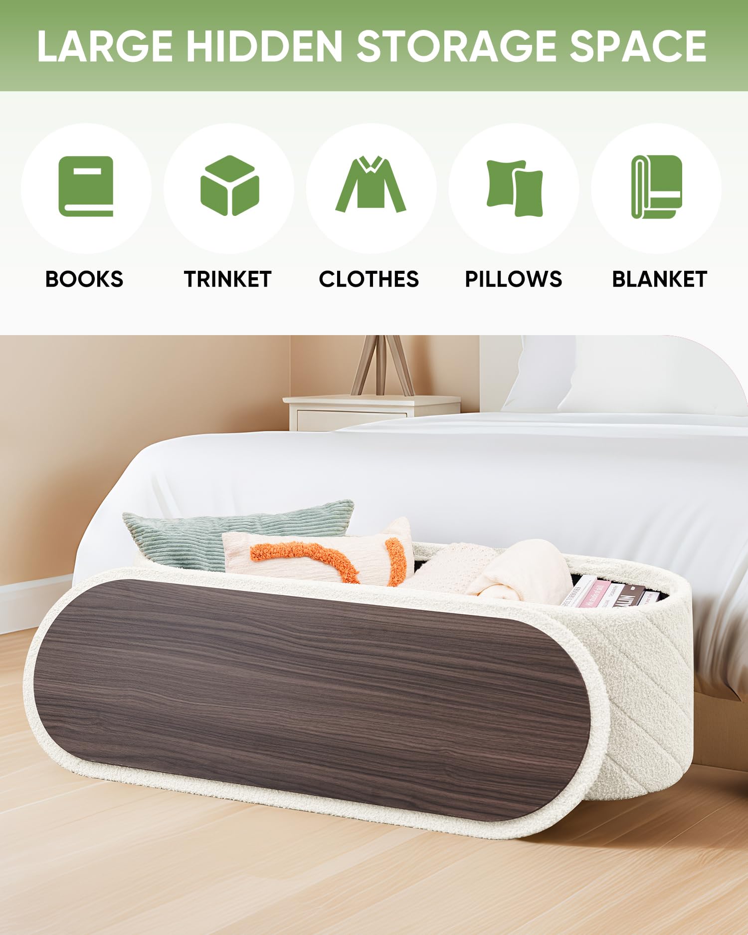 Bonlife Oval Ottoman with Storage Bench, Folding Foot Rest with Lid, Boucle End of Bed Bench,Foostool for Living