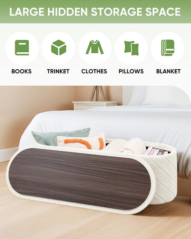 Bonlife Oval Ottoman with Storage Bench, Folding Foot Rest with Lid, Boucle End of Bed Bench,Foostool for Living