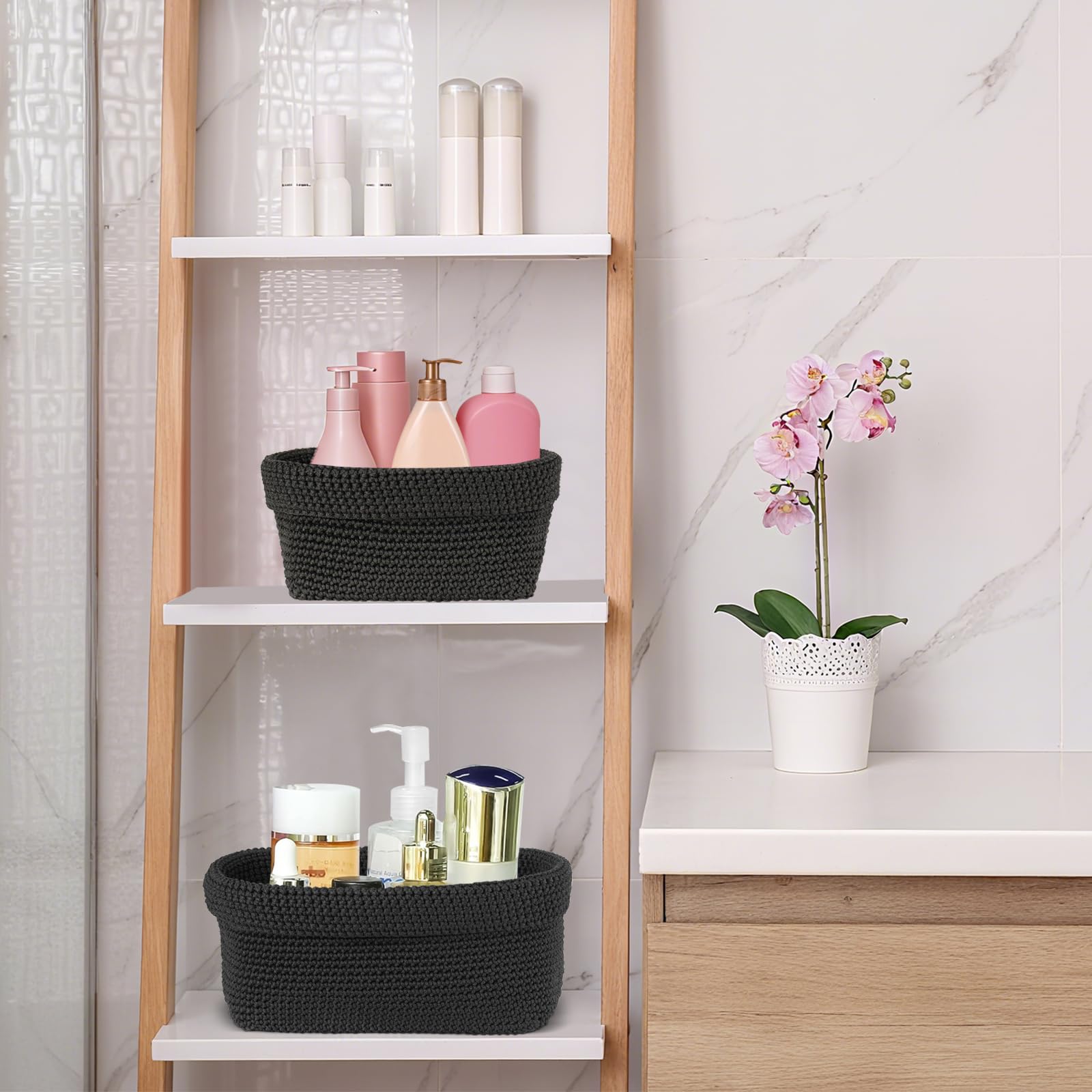 2-Pack Foldable Crochet Baskets - Collapsible Cotton Storage Bins for Towels, Cosmetics & Jewelry, Organizer for Bathroom, Kitchen & Shelf