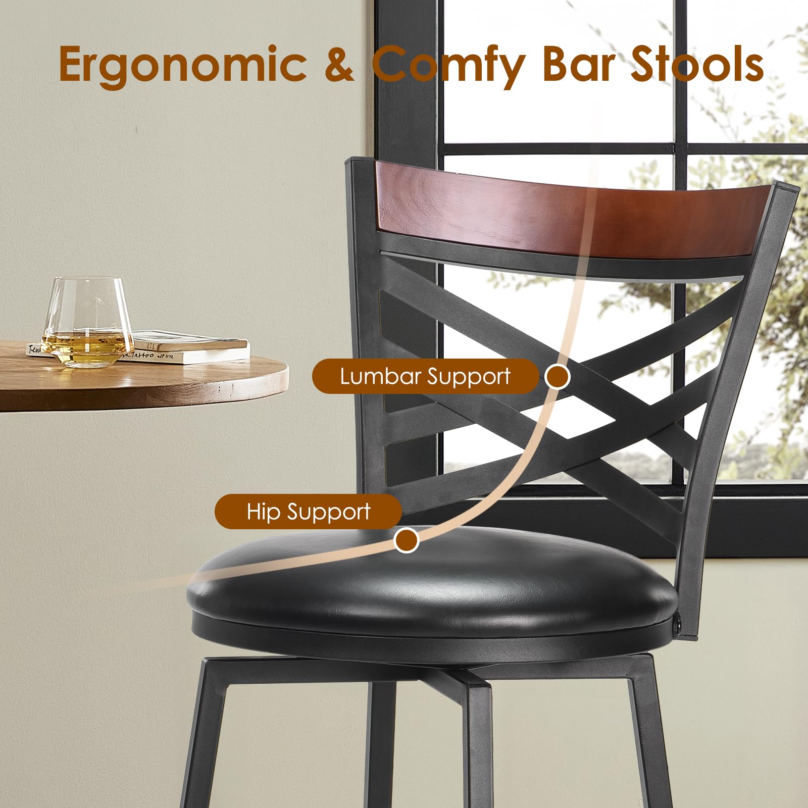 Farini Swivel Bar Stools Set of 2, Country Style Chairs with Back and Footrest for Kitchen Island, Pub, Restaurant