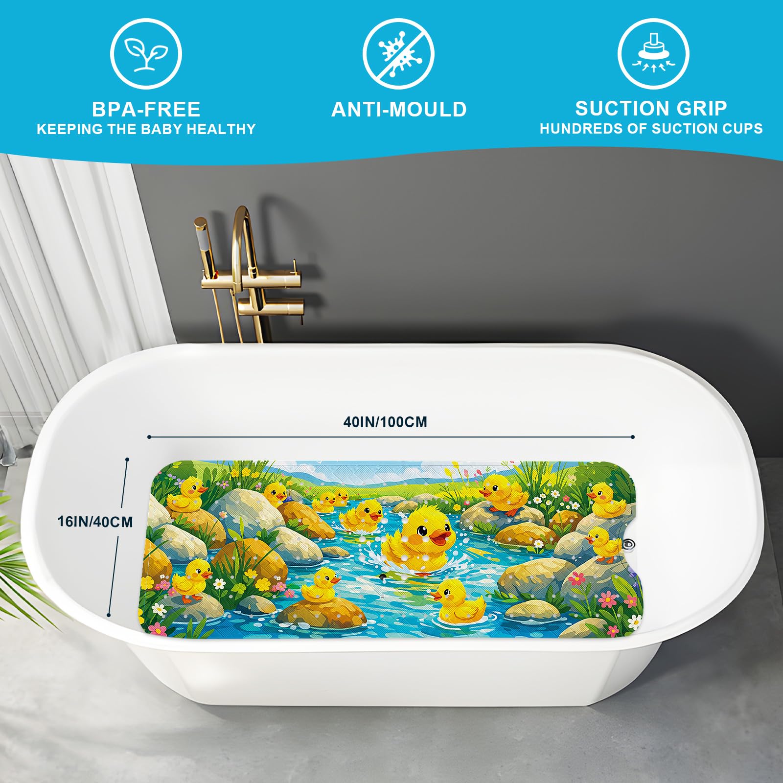 XIYUNTE Baby Bath Mats Non Slip Anti Mould, Cartoon Kids Bath Mat Non Slip, 100x40cm Extra Large Baby Shower Bath Mat with Suction Cups & Drain Holes