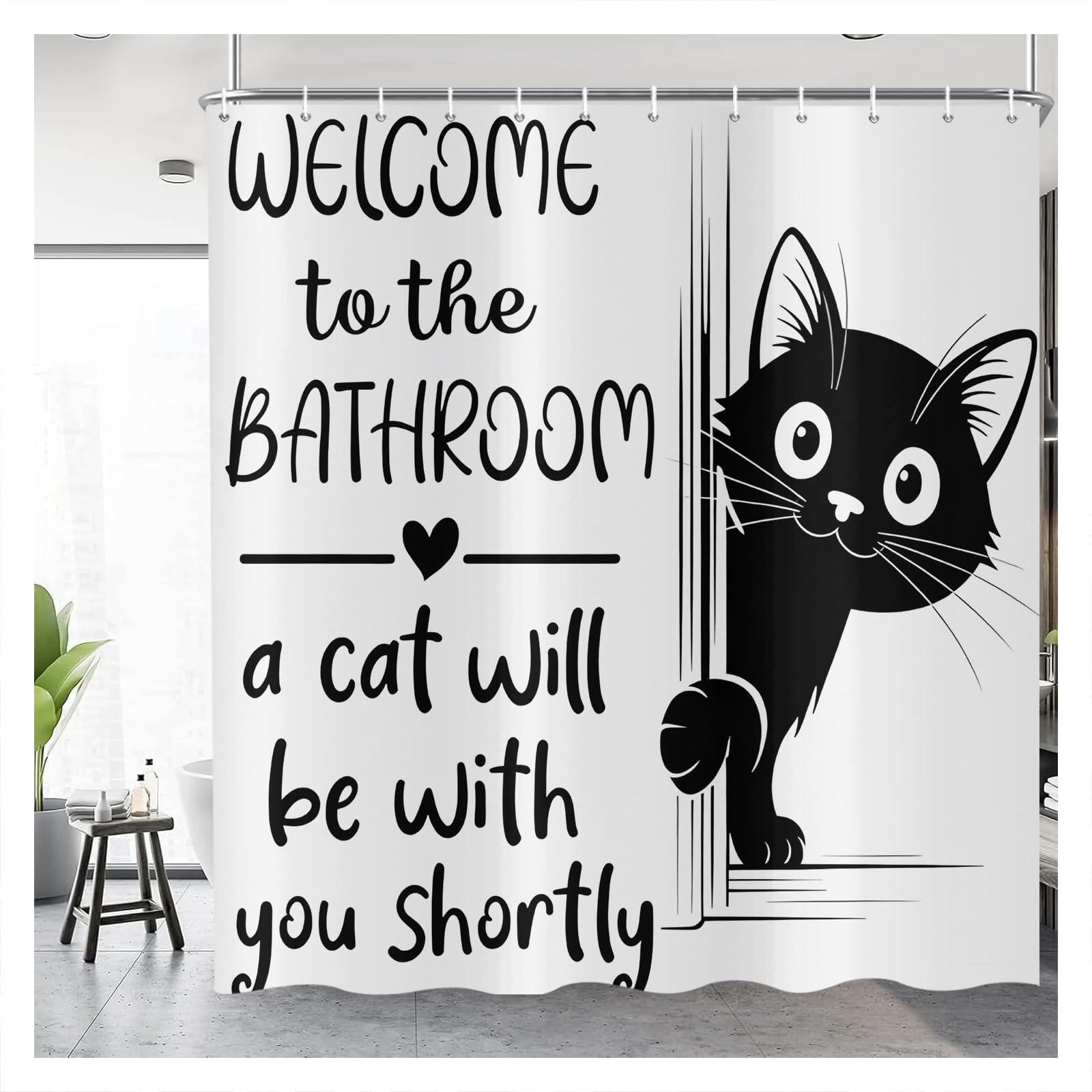 ASDCXZ Funny Cat Shower Curtain 120x200 cm, Cute Cartoon Black Kitten Hide and Seek Kids Bathroom Waterproof Bath Curtain Polyester Textile Washable