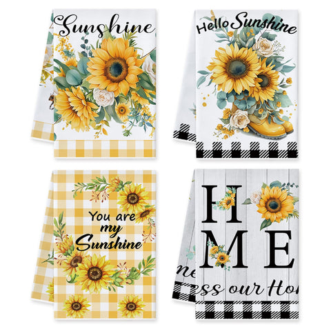 Sunflower Kitchen Towels, Microfiber Tea Towel, Soft Absorbent Quick Dry Reusable Dish Towel Set of 4, Hand Towels for Kitchen Drying