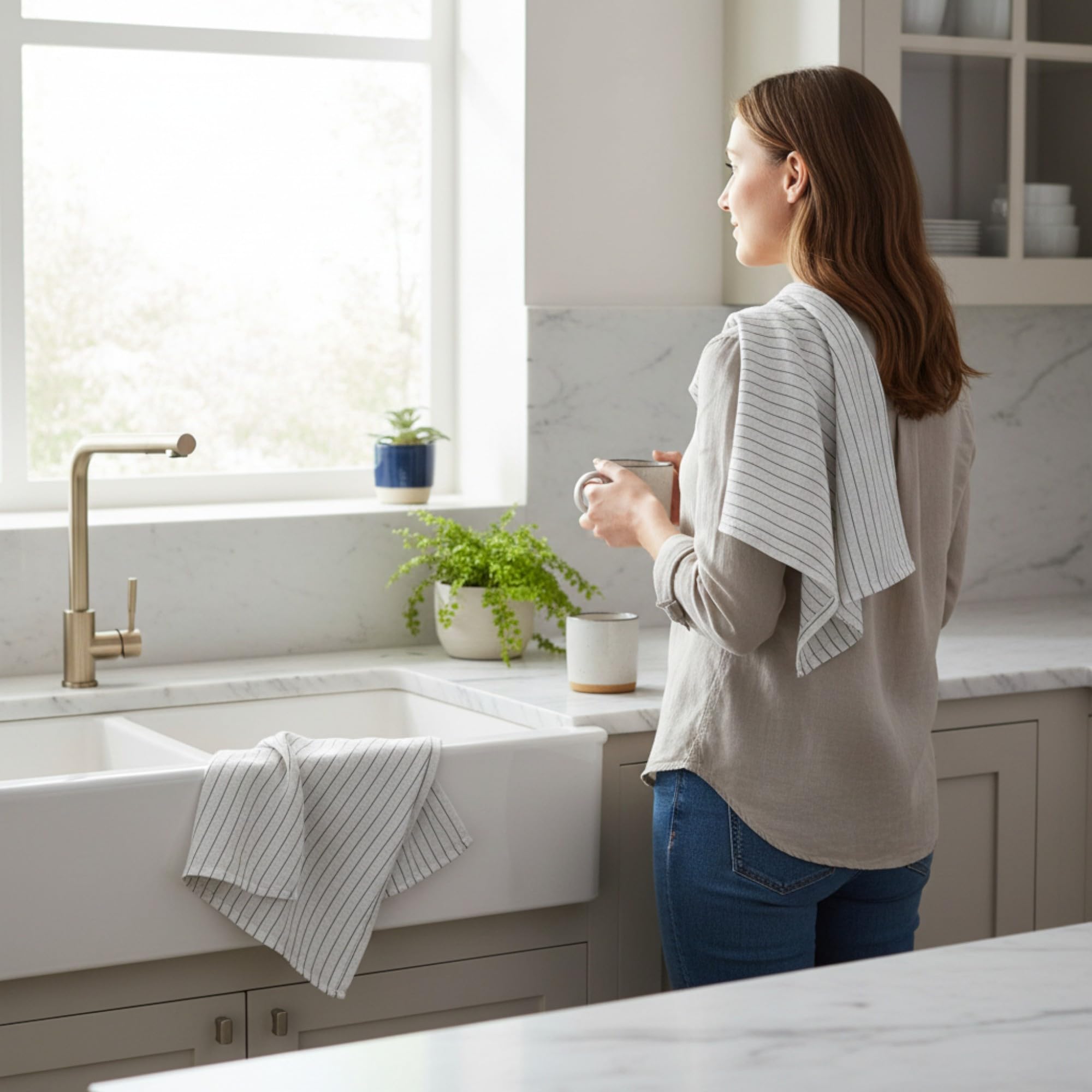Eight Owls Stonewashed Linen Kitchen Dish Towels – 50 x 68 cm – 100% Pure Linen Tea Towel/Hand Towel - set of 2 (Olive Pinstripe)