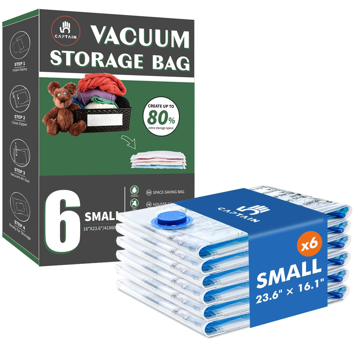 CaptainFive Small Vacuum Storage Bags 6 Packs(23.6'' x 16.1''), Small Vacuum Pack Bags for Clothes, Pillows, Comforters, duvets