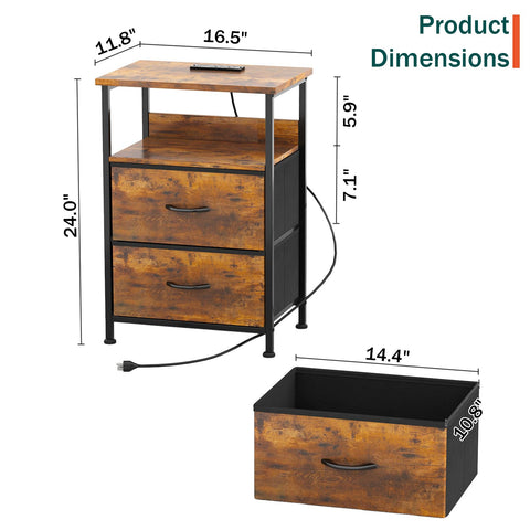 Flrrtenv Bedside Table with Charging Station, Smart Beside Cabinet, Nightstand with 2 Fabric Drawers & LED Light