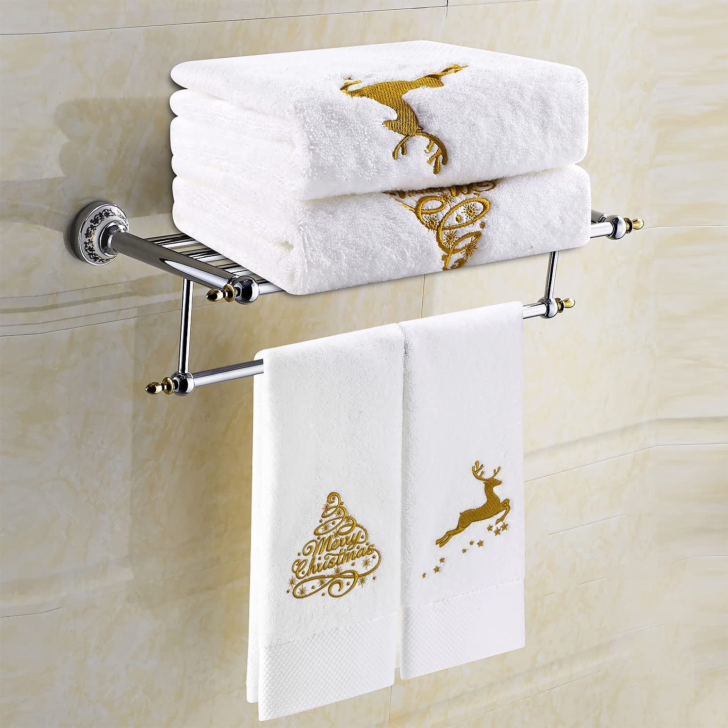 Quera 2 Pack Christmas Hand Towels Christmastree Reindeer 100% Cotton Embroidered Premium Luxury Decor Bathroom Set for Drying, Cleaning, Cooking