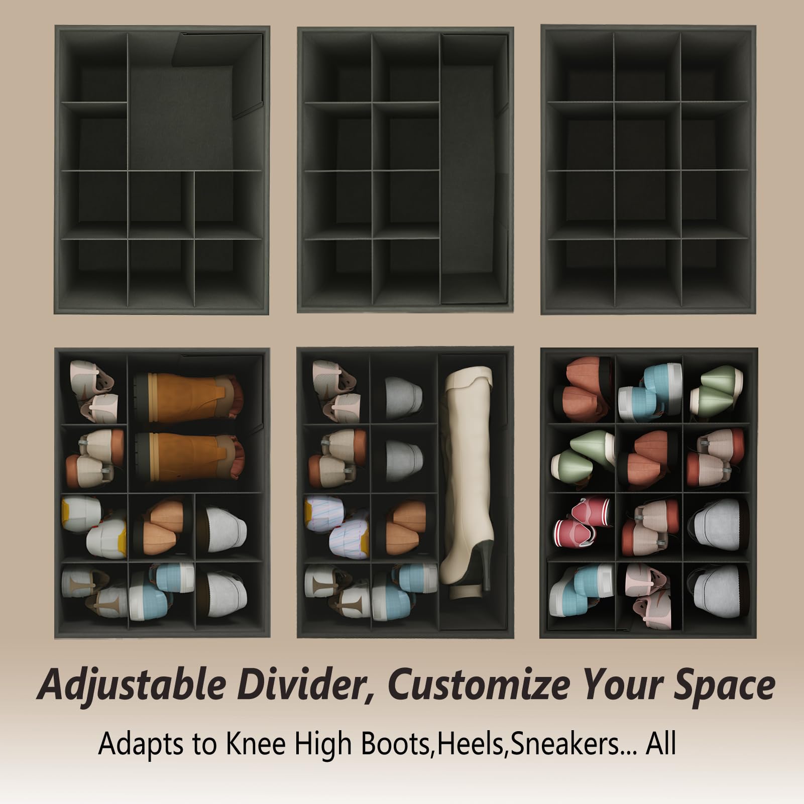 Adjustable Dividers Storage Ottoman Shoe Organiser Box for Closet,2 Pack