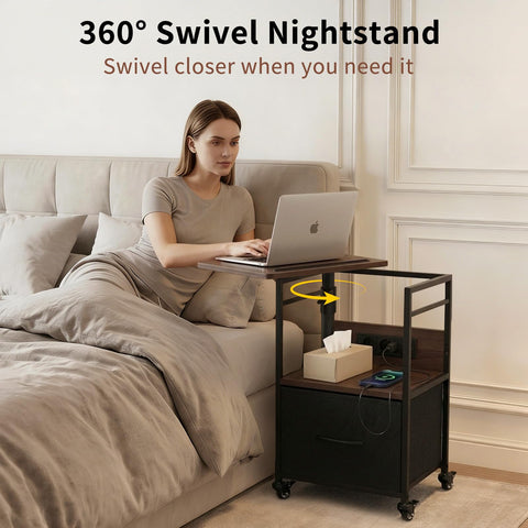 Bingyouth Bedside Table with Charging Station, Rotating Nightstand on Wheels with Adjustable Height, Drawer Storage and Swivel Top