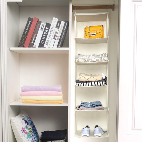 BrilliantJo Hanging Storage with 5 Shelves Wardrobe Closet Organiser, Storage Shelves Unit with 6 Pockets for Clothes - Beige(30 x 30 x 108cm)