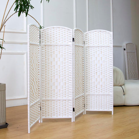 Furnnylane 4 Panel White Rattan Divider Short Room Partition Screen,Double Sided Short Folding Divider for Room Separation,120 cm Tall