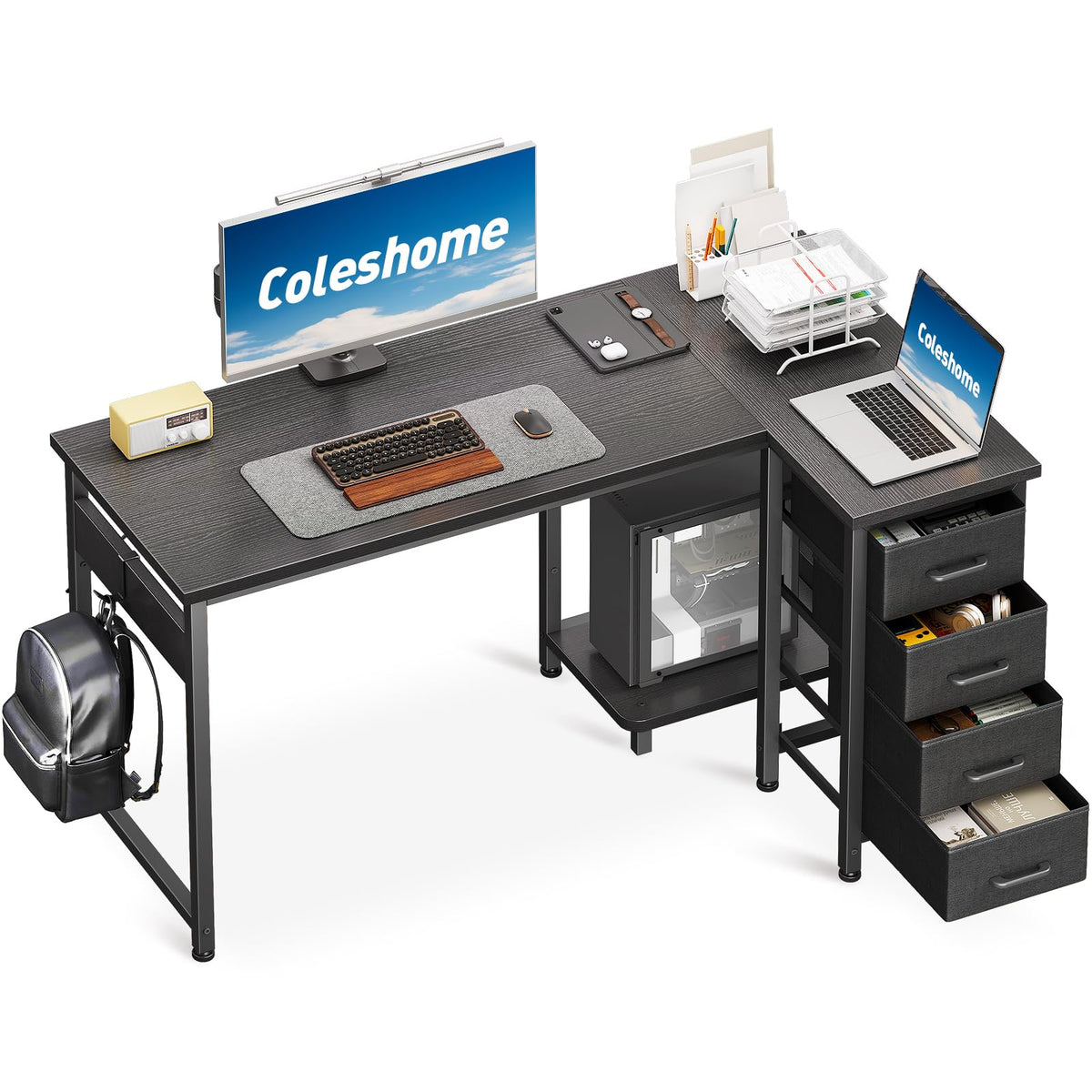Coleshome Small Corner Desk with Drawers for Home Office, 120x70 cm, Black