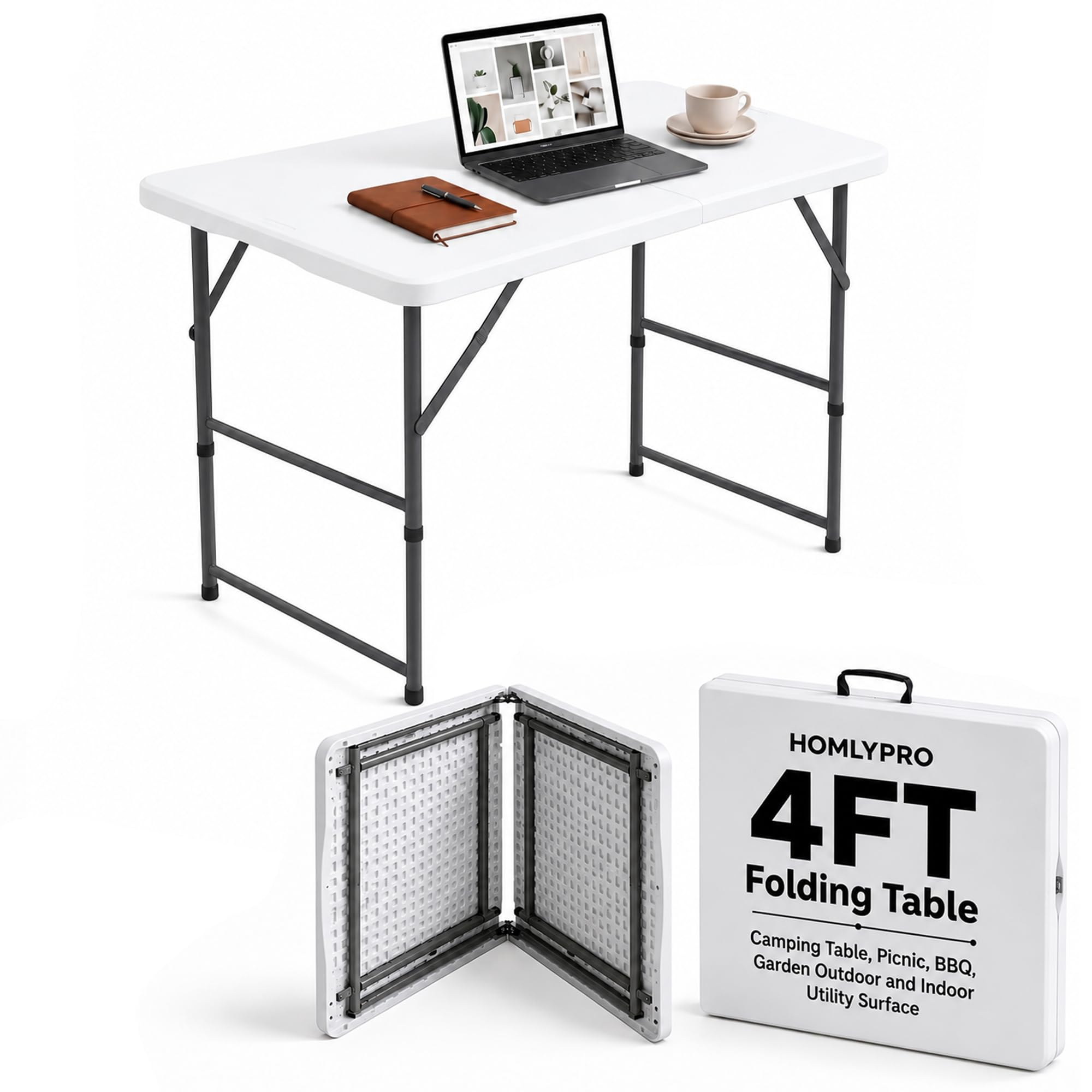 HomlyPro Heavy Duty 4FT Folding Table 120x60cm, White, Plastic Folding Desk Portable as Camping Table, Picnic, BBQ