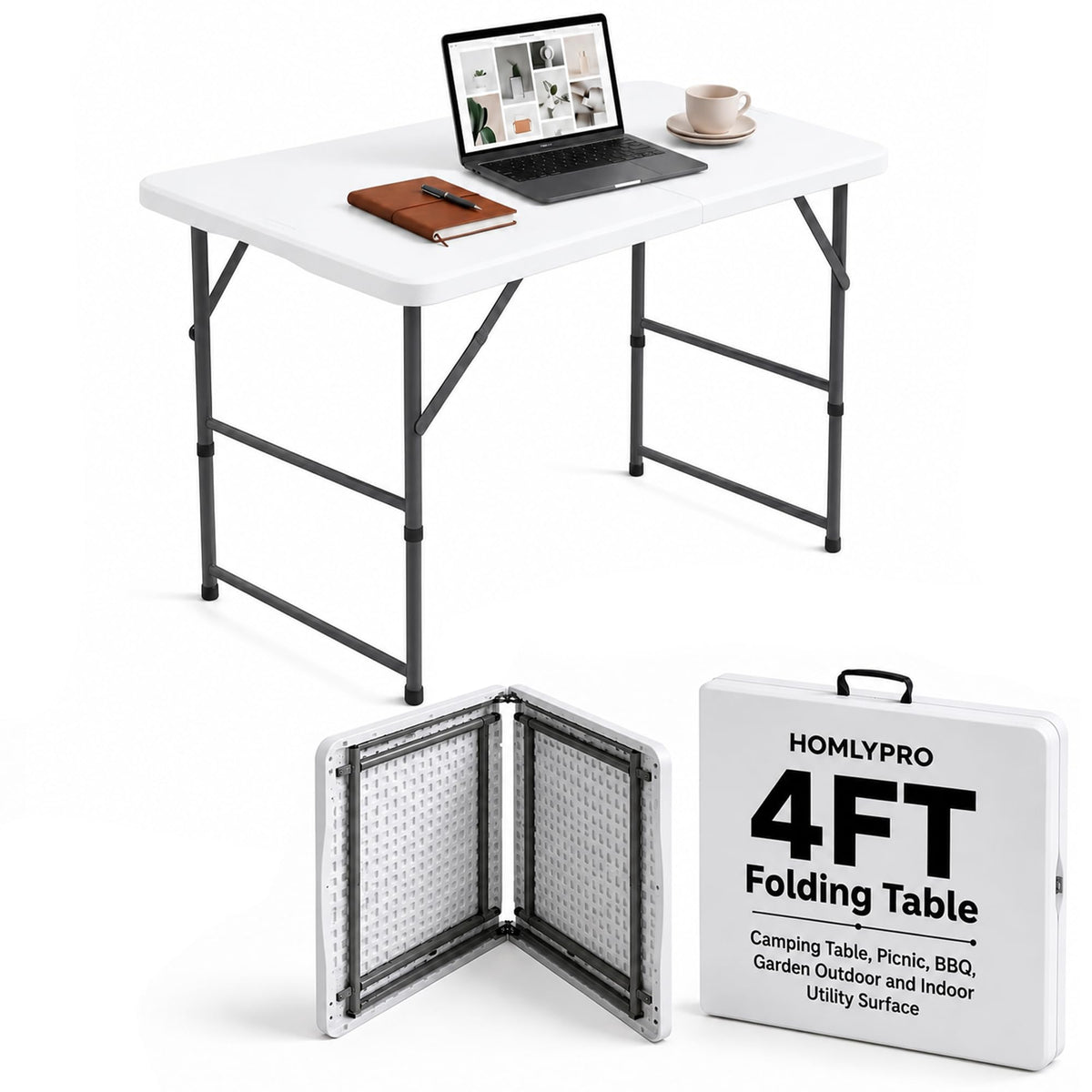 HomlyPro Heavy Duty 4FT Folding Table 120x60cm, White, Plastic Folding Desk Portable as Camping Table, Picnic, BBQ