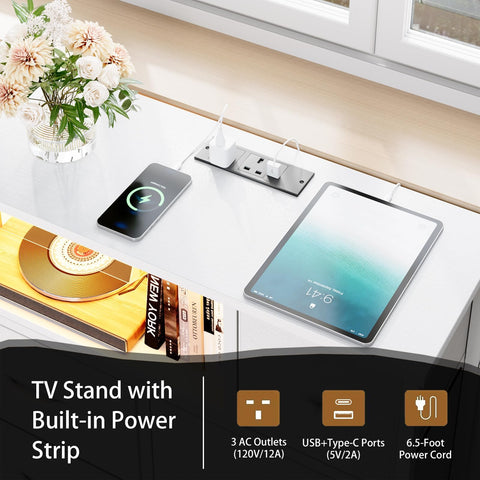 Flrrtenv Chest of Drawers, 8 Fabric Drawers Cabinet, 120CM TV Stand with Power Outlets and LED Lights for 55'' TV, for Bedroom Living Room & Entryway