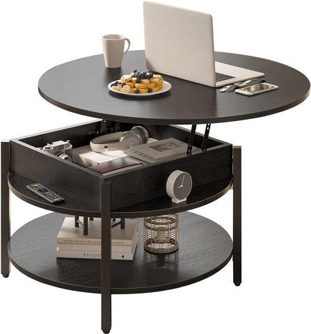 Mossora 68cm Black Round Lift Top Coffee Table with Hidden Storage