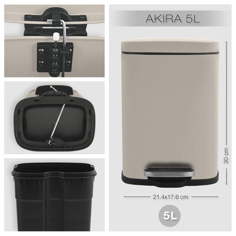 Spirella Akira Collection Pedal Bin 21.4 x 17.6 x 30 cm (5 Litres), Steel, Beige, 21.4 x 17.6 x 30 cm