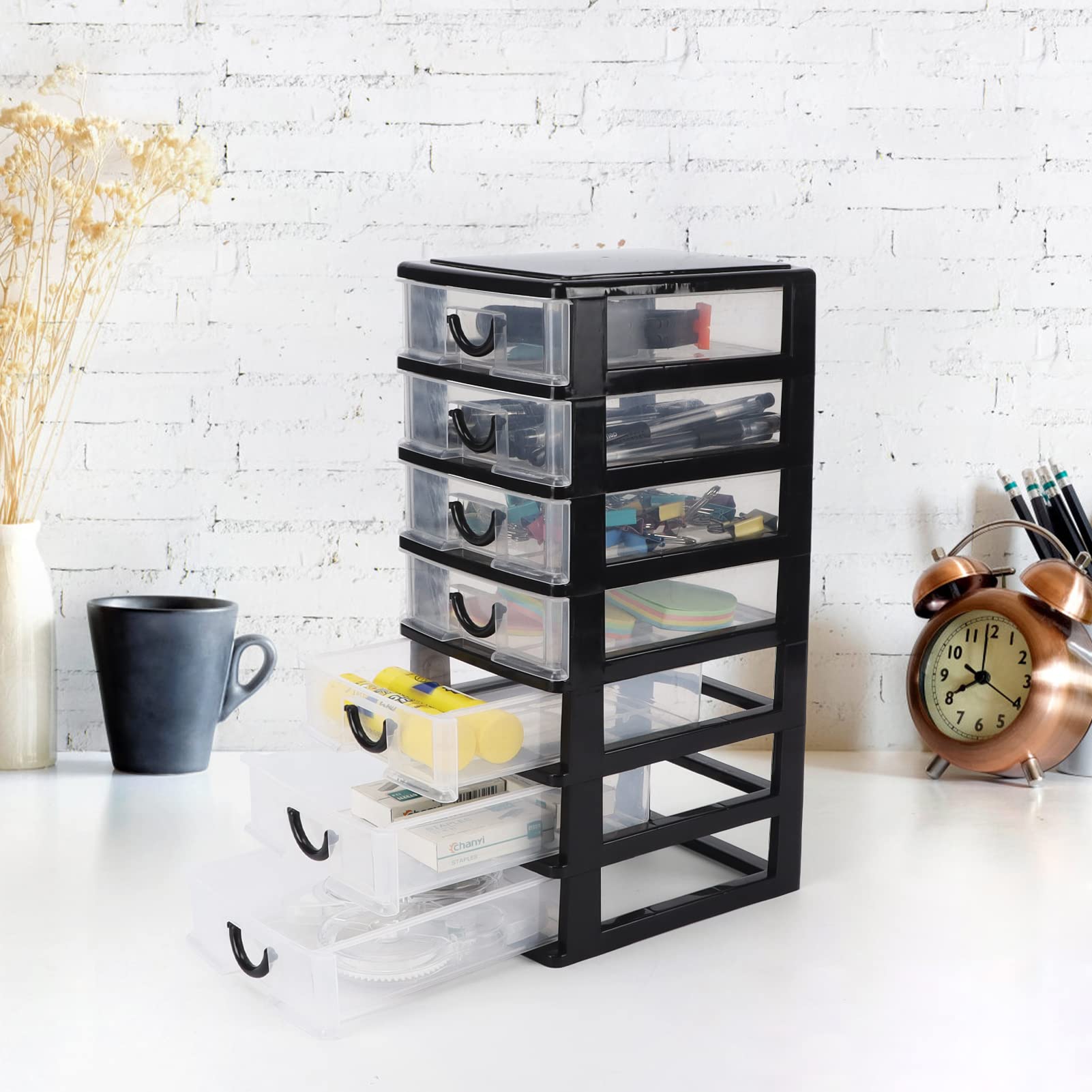 Rempry 7.1"x5.1"x13.2" Mini Organizer Box Storage Container Case with 7 Clear Desktop Drawer Units,Black