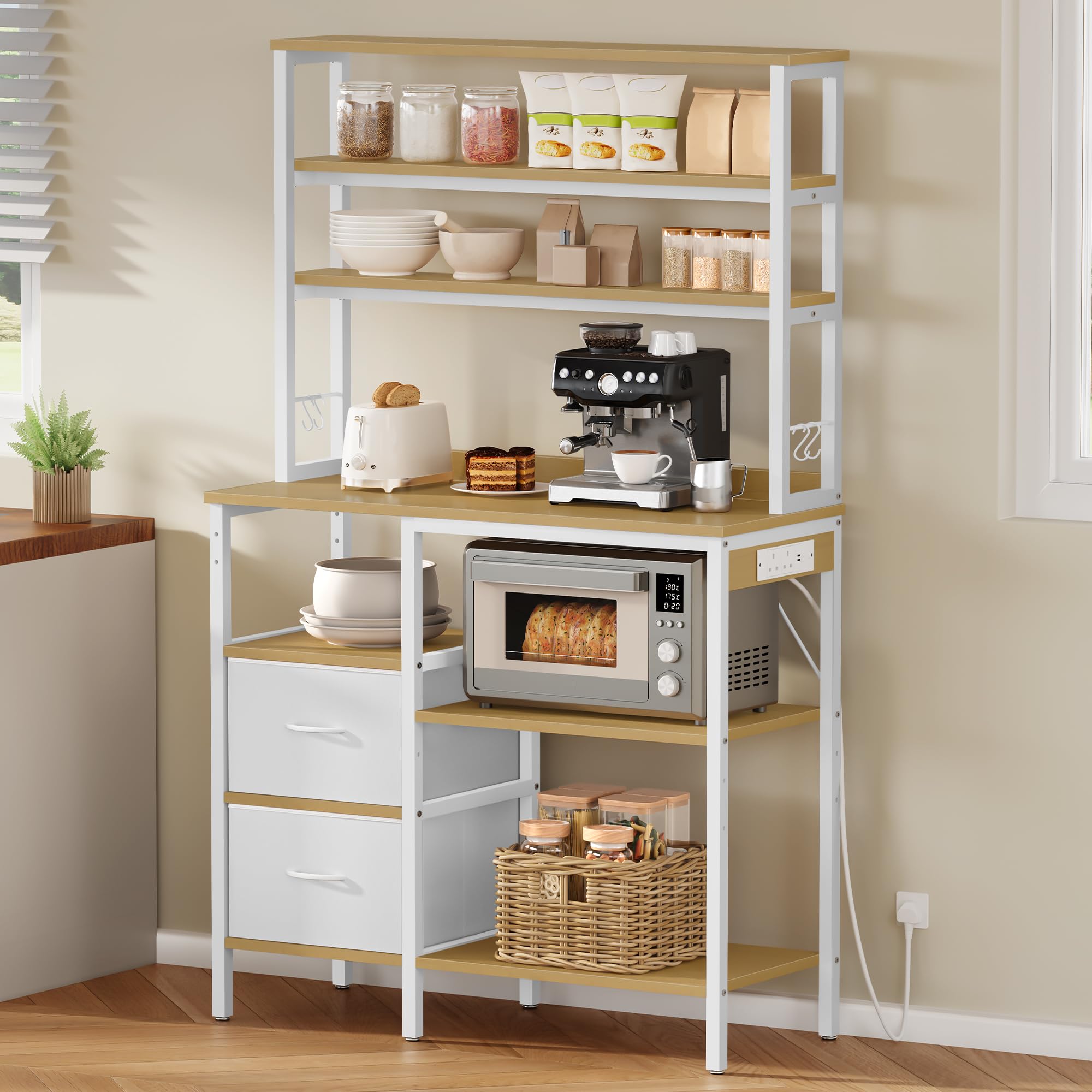 YITAHOME Bakers rack with power outlet, 2 AC outlets 2 USB ports, Coffee Bar station, Baker's Rack with 2 Drawers and 4 Hooks, microwave shelf