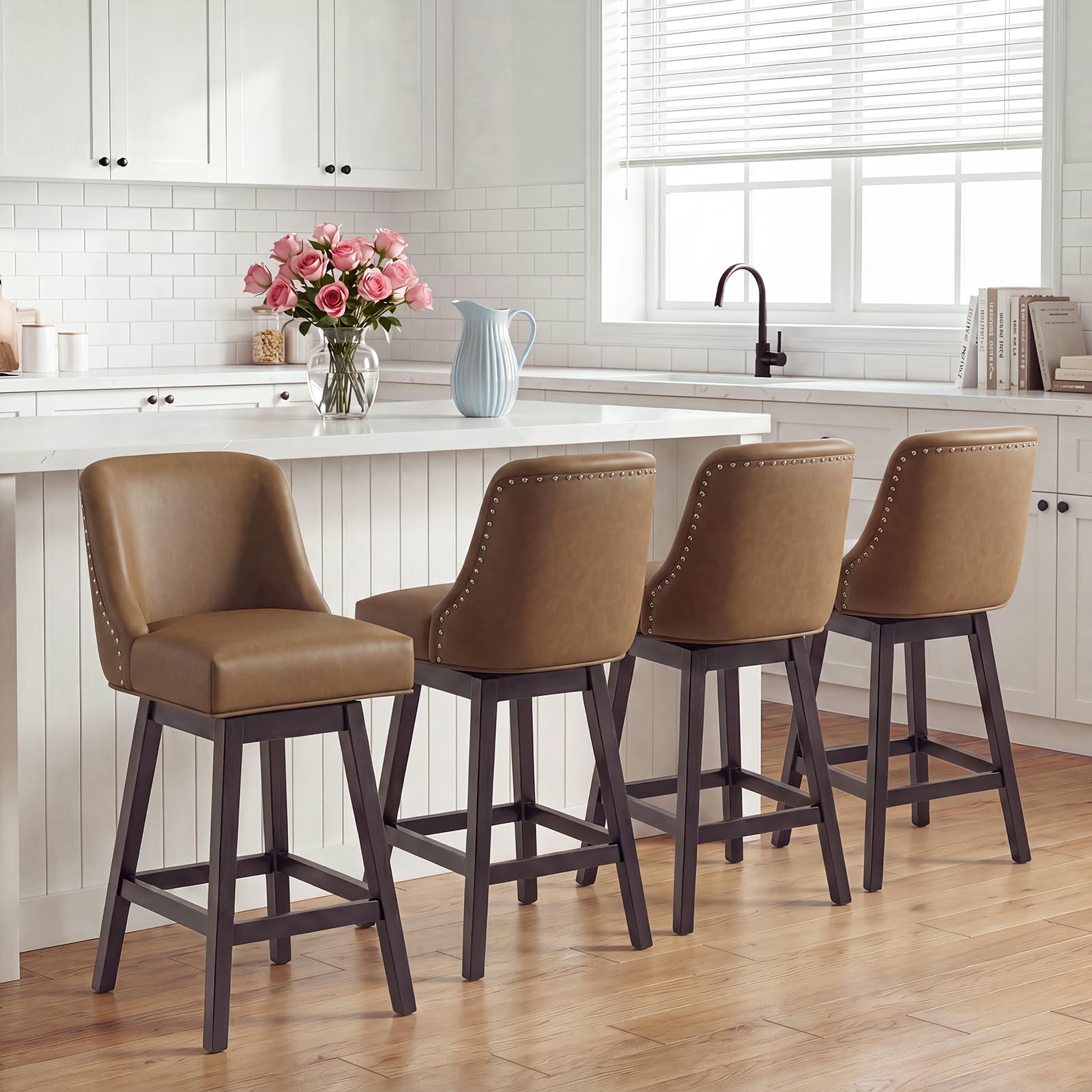 Bar Stools Set of 4, 360° Swivel Upholstered Counter Stools with Back, Wooden Frame Kitchen Bar Chairs with Nailhead Trim