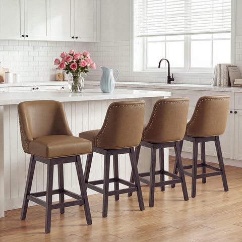 Bar Stools Set of 4, 360° Swivel Upholstered Counter Stools with Back, Wooden Frame Kitchen Bar Chairs with Nailhead Trim