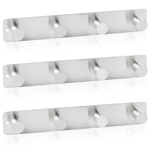 RICOO Heavy Duty Stainless Steel Wall Mounted Coat Hooks, MH025S-4x3, Elegant Hook Rack for Entryway, Kitchen, Bathroom, with 4 Durable Hooks, Silver