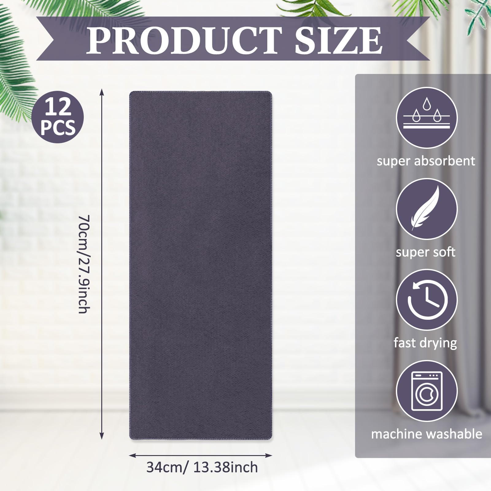 Tatuo 12 Pcs Drying Microfibre Hair Salon Towels 34 x 70 cm Quick Dry Absorbent Hand Towels for Bathroom Soft Hairdressing Cloths for Face Bath Gym