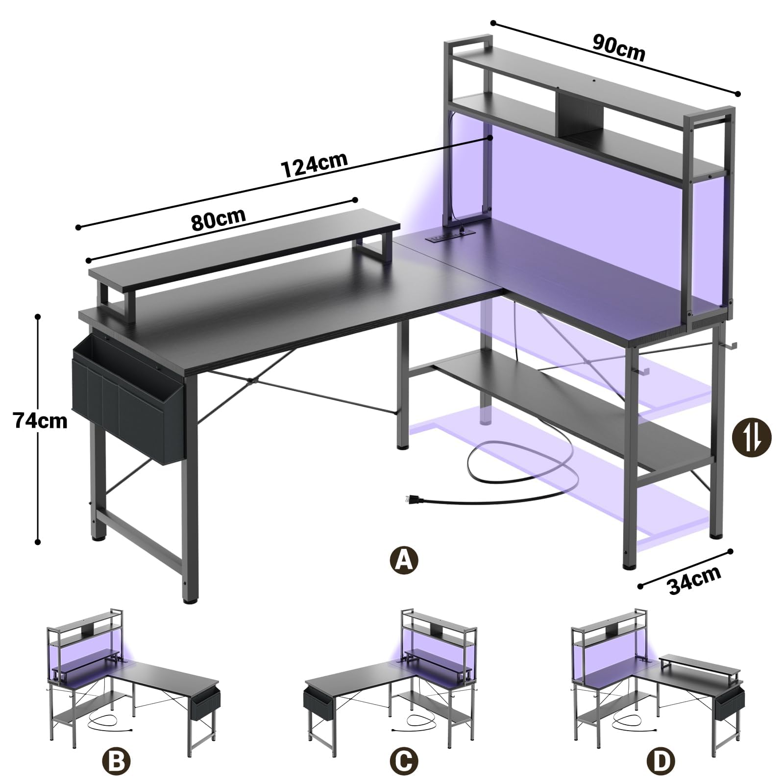 iSunirm L Shaped Gaming Desk with Power Outlets & LED Lights, Small L- Shaped Computer Corner Desk with Monitor Stand & Storage Shelf