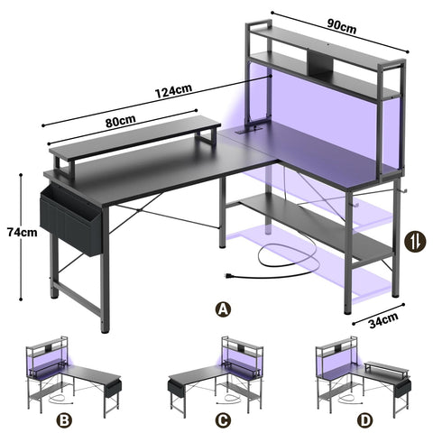iSunirm L Shaped Gaming Desk with Power Outlets & LED Lights, Small L- Shaped Computer Corner Desk with Monitor Stand & Storage Shelf