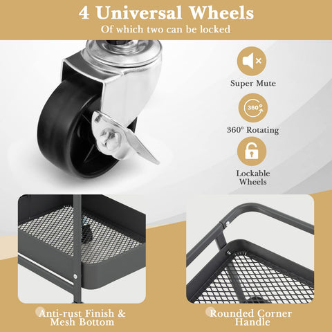 GiantexUK 3-Tier Storage Cart on Wheels, Metal Serving Trolley (Grey)