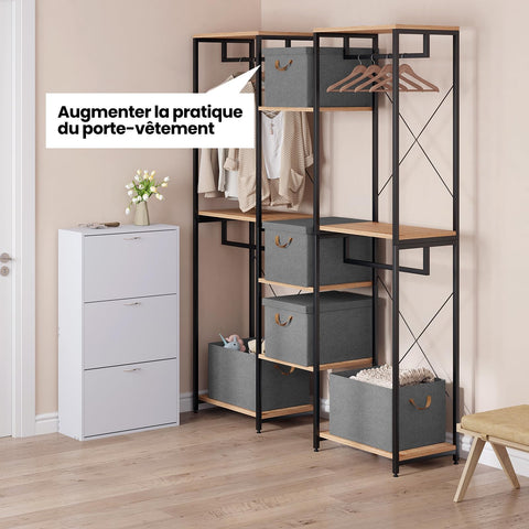WOLTU Collapsible Storage Boxes Set of 5, Non-Woven Fabric Storage Boxes with Removable Lid, Handles, Metal Frame, 51L, Grey, 48x36x30cm