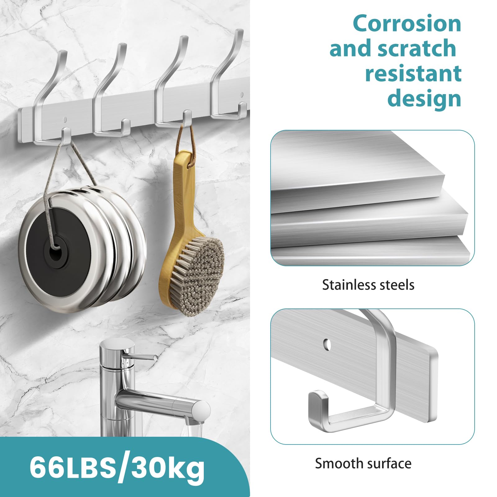 MEIJO Coat Hooks Wall Mounted Stainless Steel, Silver Coat Rack Wall Mounted with 4 Hooks Heavy Duty Coat Hooks for Door, Bathroom, Bedroom, Kitchen