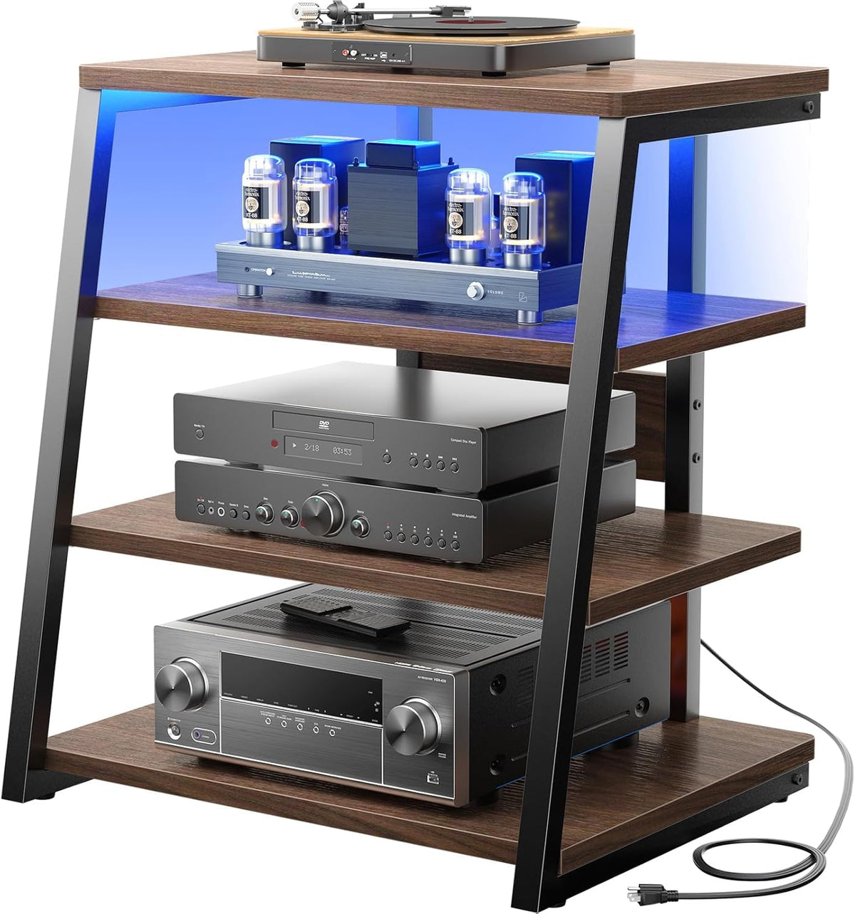 iSunirm AV Media Stand with Outlets, 4-Tier Media Console with LED Lights, Record Player Stand With Storage Shelves