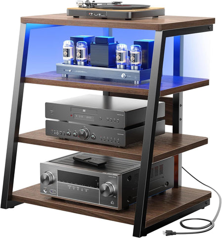 iSunirm AV Media Stand with Outlets, 4-Tier Media Console with LED Lights, Record Player Stand With Storage Shelves