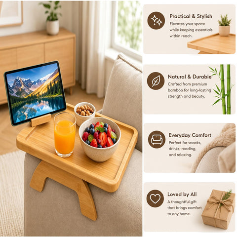Sofa Arm Tray, Bamboo Couch Arm Tray Table with 360° Rotating Phone Holder, Clip on Sofa Armrest Tray Table, Foldable Sofa Side Table for Drinks