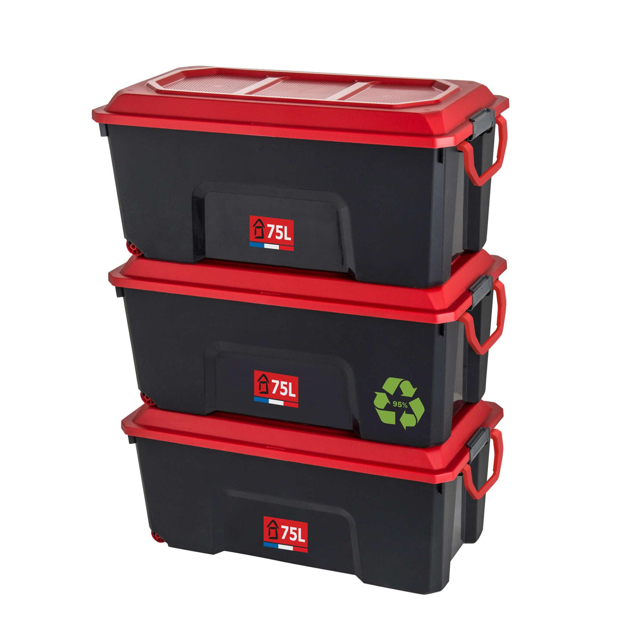 Sundis Locker Set of 3 Storage Boxes with Lids, 75 L, with Clips, Made of Recycled Plastic, Reinforced, Stackable, Ideal for Workshop, Transport